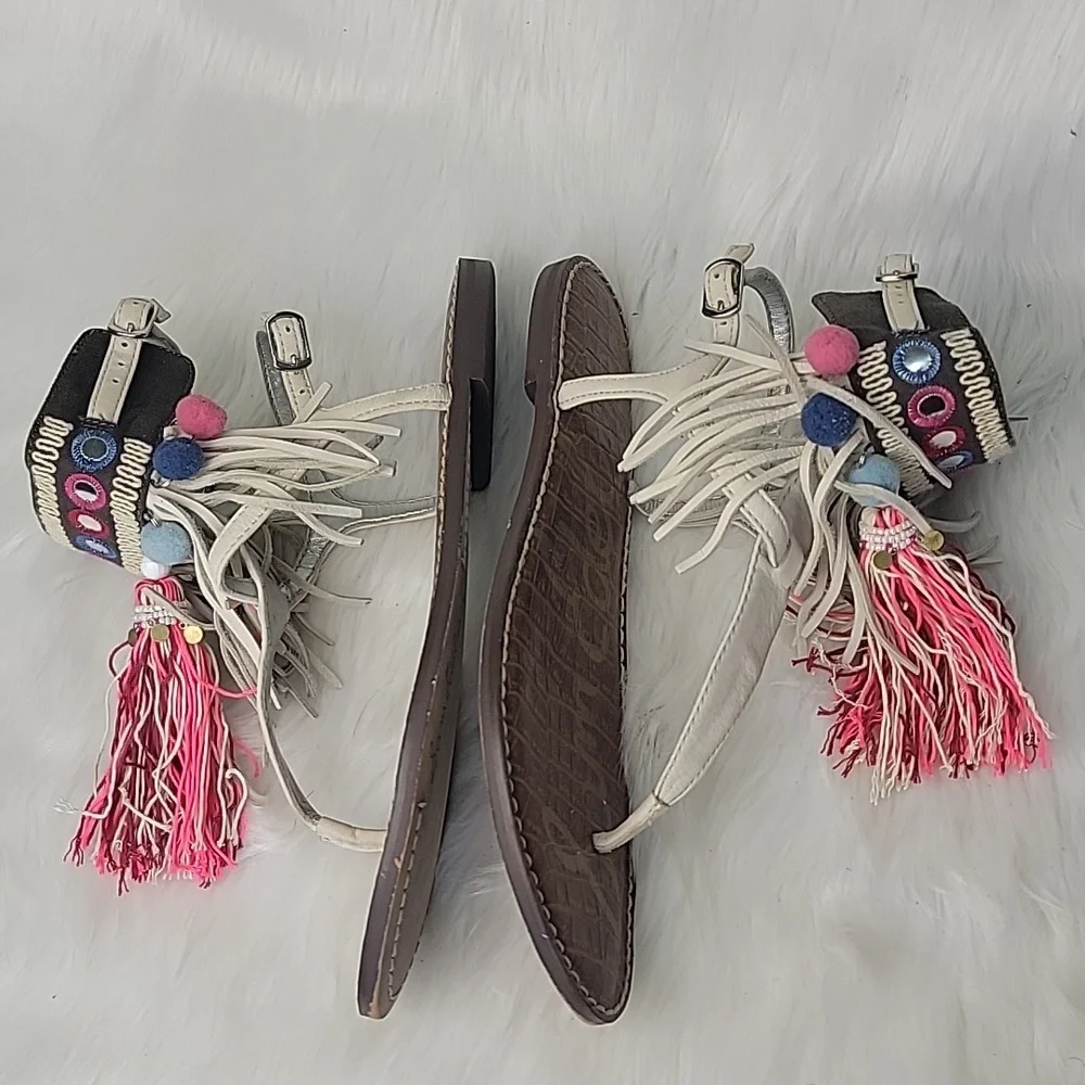 SAM EDELMAN Gere Western Fringe Pom‎ Pom Boho Hippie Gladiator Thong Sandals 8.5 - Picture 6 of 14
